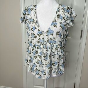 Miss Selfie  ruffled white and blue floral top